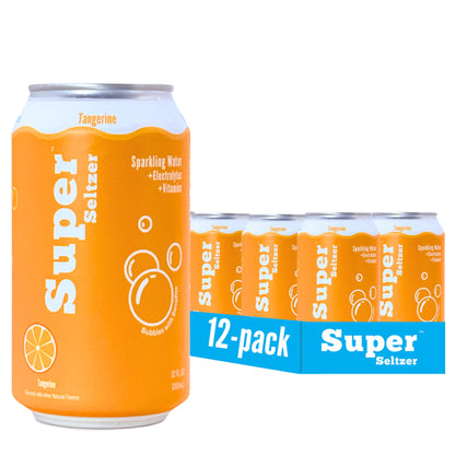 Super Seltzer Sparkling Water with Electrolytes and Vitamins, Tangerine Naturally Flavored, 12 Fl Oz, Pack of 12 cans