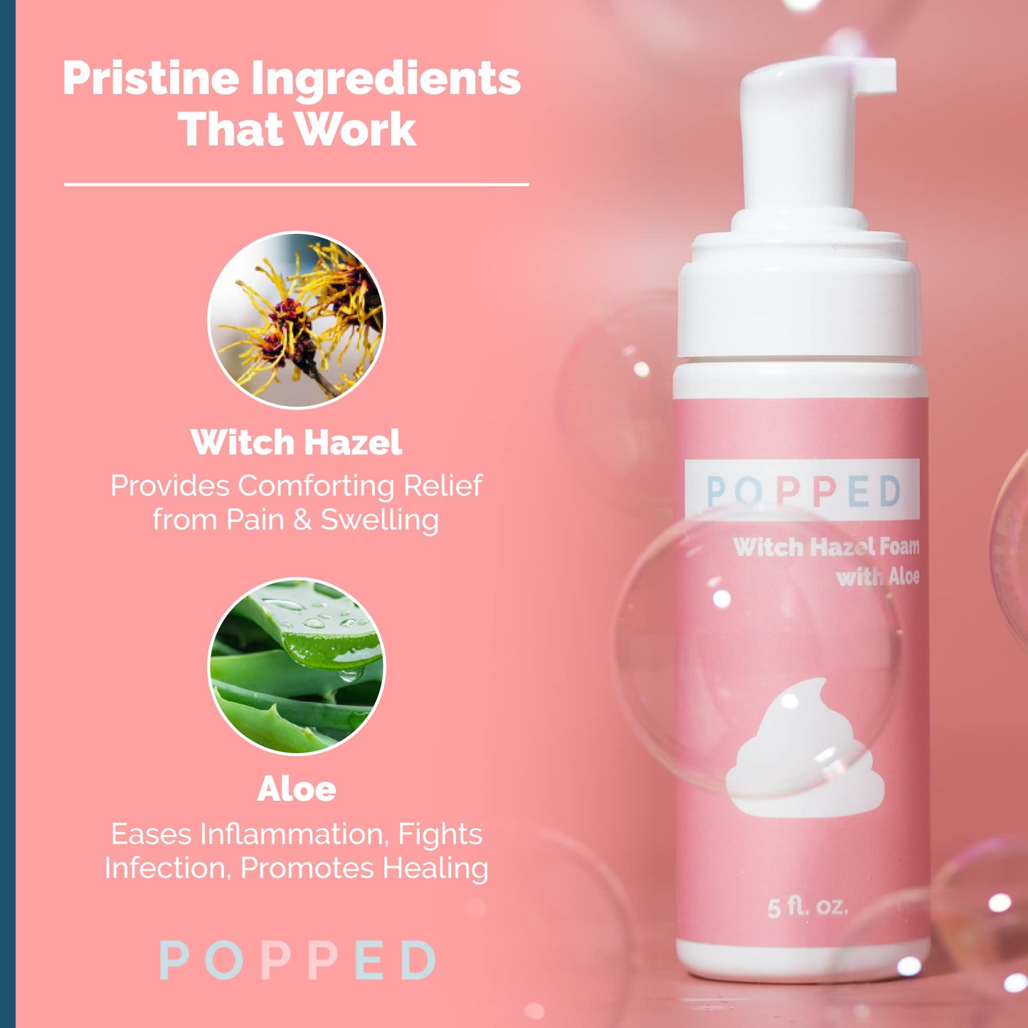 POPPED Witch Hazel Foam with Aloe | Perineal Healing Foam for Postpartum Care | Relieves Pain, Hemorrhoids, and Swelling After Birth | Postpartum Essential (5 fl oz)