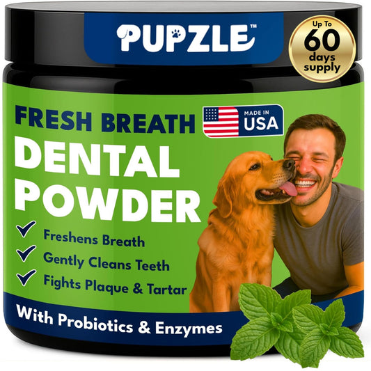 Pupzle Dog Teeth Cleaning Powder for Fresh Breath, Dog Dental Powder, Tartar & Plaque Focused, Natural Breath Freshener, Pet Dental Supplement with Probiotics for Gut Health, Mint, 60 Days Supply