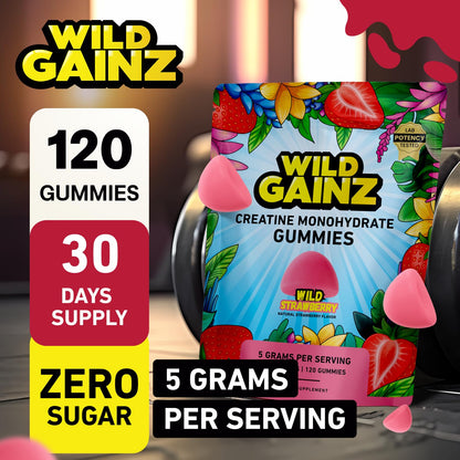 WILD GAINZ Creatine Monohydrate Gummies for Men & Women 5000mg - Sugar-Free Strawberry Flavor, Vegan, Non-GMO, Gluten-Free. Supports Muscle Growth, Strength & Focus. Made in USA - 120 Chews