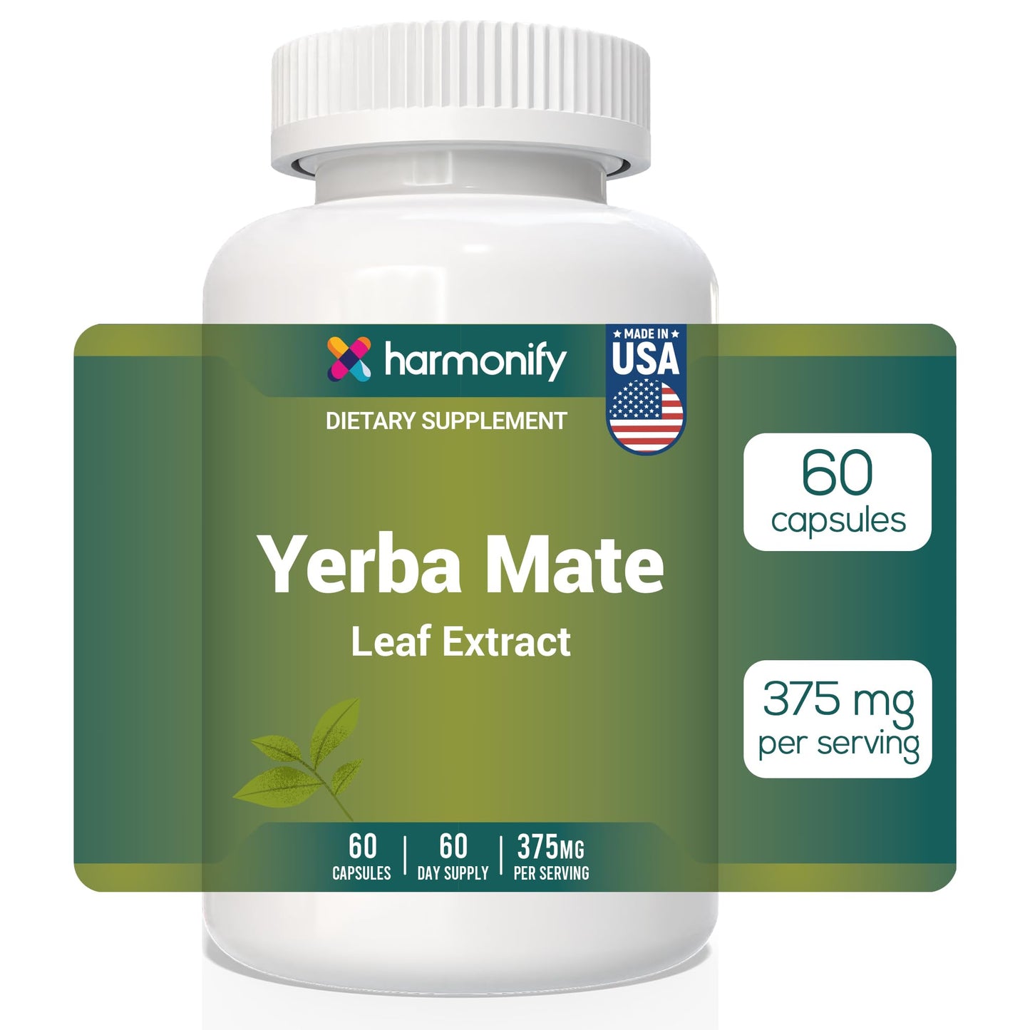 HARMONIFY Yerba Mate Leaf Extract – 375mg, 60 Capsules – Natural Energy Booster, Mental Clarity&Metabolism Support – Caffeine-Rich Herbal Supplement