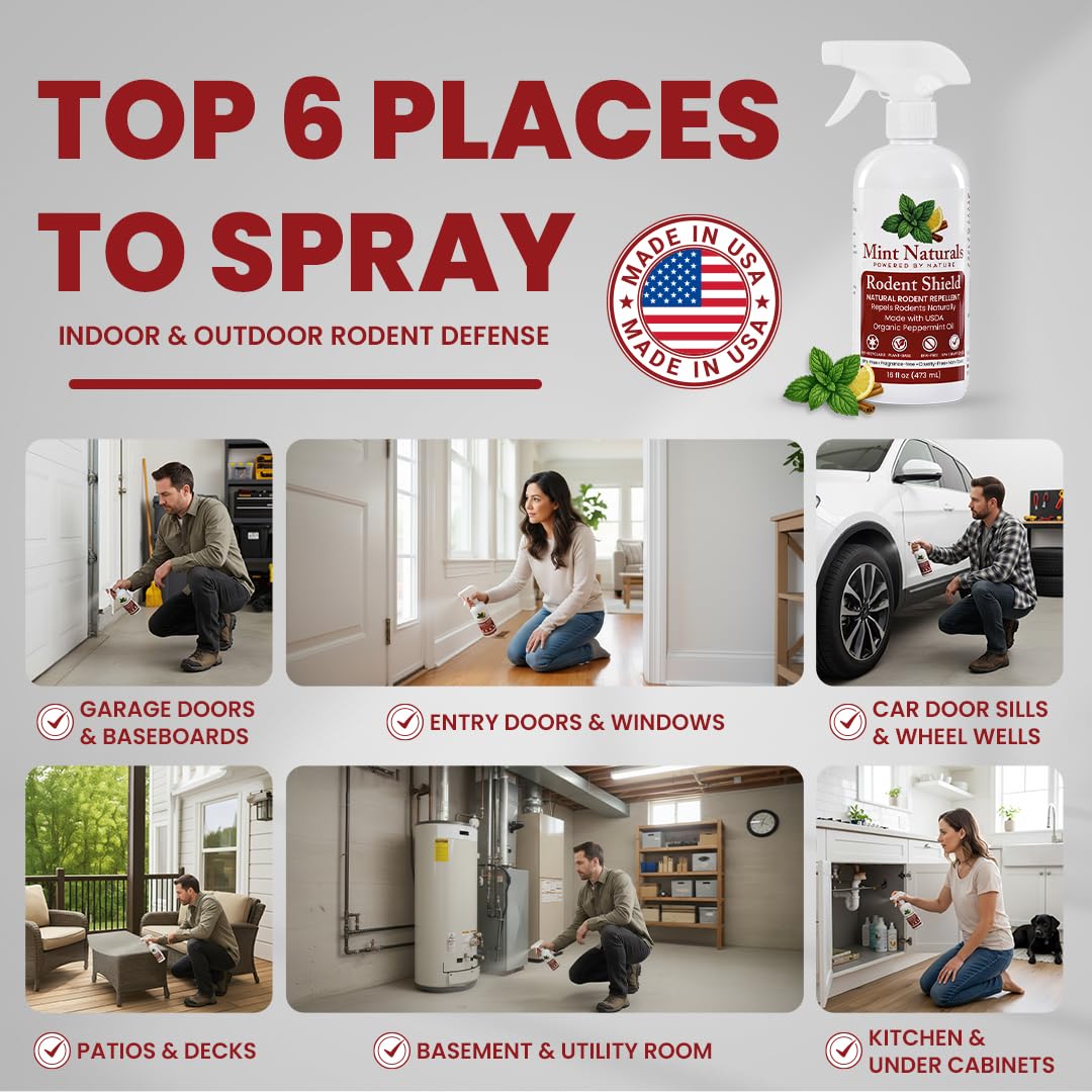 Mint Naturals Rodent Defense – Organic Peppermint Oil Mouse Repellent Spray, Natural Rodent & Mouse Repellent for Home, Garage, Car & RV, Indoor/Outdoor Rodent Spray, 16oz Made in USA