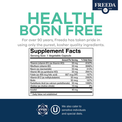 FREEDA Vitamin B Complex - Super Quints B-50 - Kosher Super B Complex Vitamin Supplement for Women & Men with Vitamin B1 Vitamin B2 Vitamin B3 Vitamin B6 Vitamin B12 Plus Folic Acid (100 Capsules)