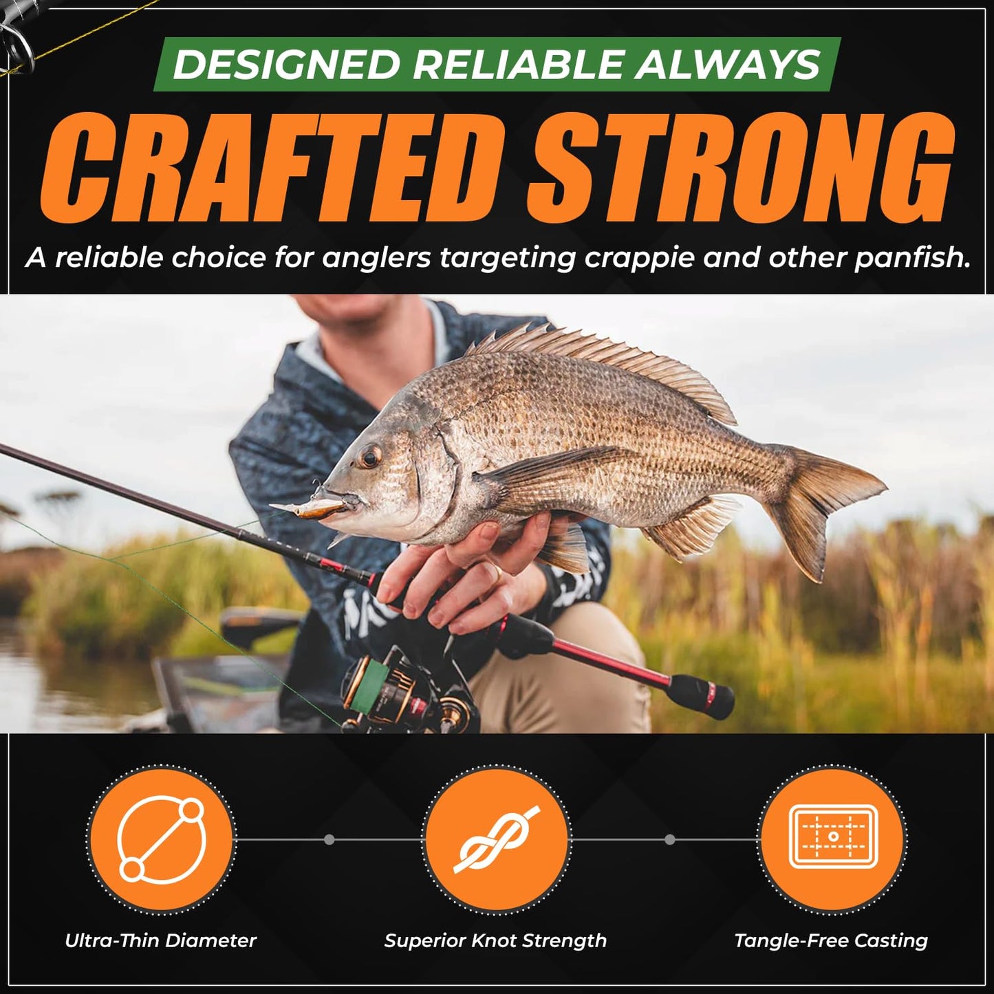 FINS Crappie Braided Fishing Line, Ultra-Strong Thin-Diameter 4-Strand Braid for Crappie, Perch, Sunfish & Panfish, Micro-Diameter High Visibility, UL Fishing Line