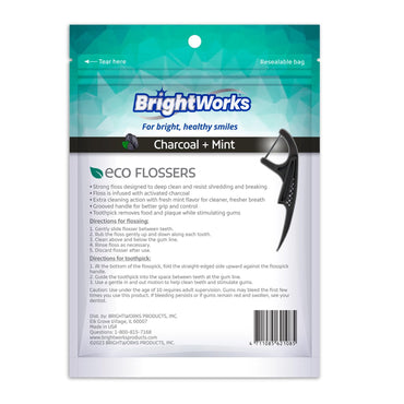 Brightworks ECO Sustainable Floss Picks - 225 Count - PTFE & PFAS Free - Made in USA Charcoal + Mint Infused 100% Post-Consumer Recycled Plastic with Micro-Crystals for Oral Care Hygiene Gum Health