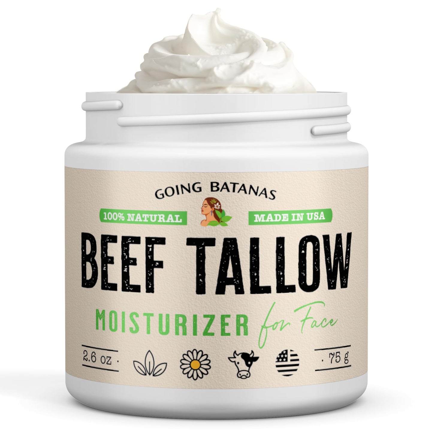 Going Batanas Grass Fed Beef Tallow for Face & Skin (2.6oz) - Hand Made Whipped Tallow Face & Body Moisturizer - Made in USA