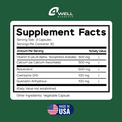 Resveratrol Supplement 1800mg Complex - COQ10, Quercetin, Vitamin E, Vitamin C - Powerful Antioxidant Formula for Enhanced Energy, Heart Health & Healthy-Aging Support Trans Resveratrol 90 Capsules