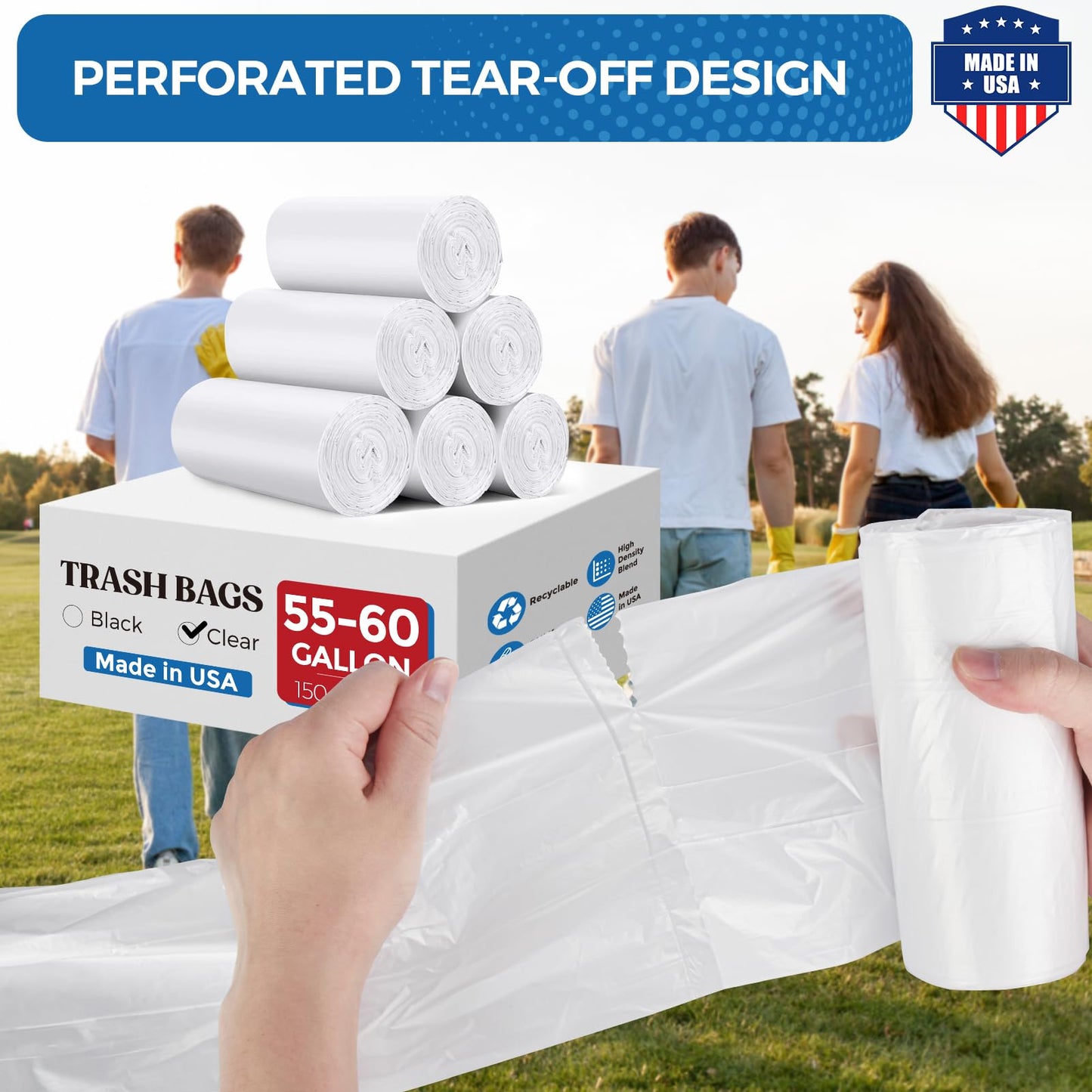 Fuxury 55-60 Gallon Heavy Duty Trash Bags, 100 Count Clear Garbage Bags, 23 Mic Thick, 38x58 in, Star-Seal Bottom, Plastic Bags Ideal for Home, Yard & Commercial Use, Made in USA