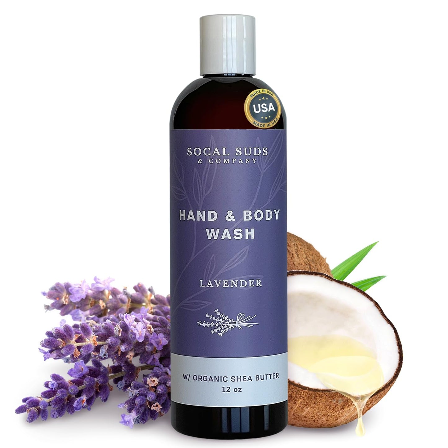 SoCal Suds & Company Organic Shea Butter Body Wash – Lavender Liquid Soap for Hand & Body, Moisturizing Shower Gel, Daily Body Wash for Women, Men & Unisex, Gentle Skin Care & Protection - (12oz)