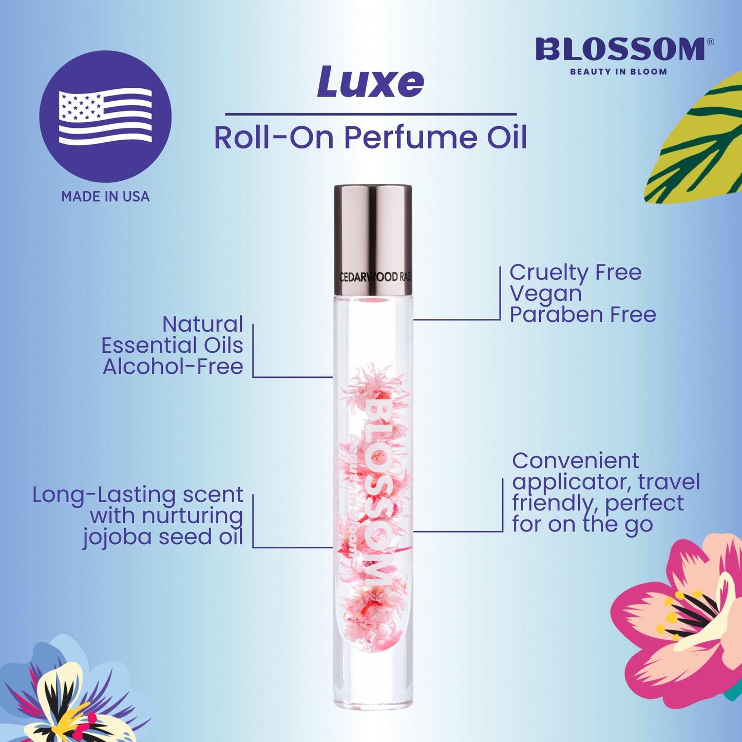 Blossom Roll on Perfume for Women Alcohol Free Rollerball Perfume Oil with Essential Oils, Infused with Real Flowers, Made in USA, 0.20oz (Bergamot, Pear, Vanilla, Orchid), Cedarwood Raspberry
