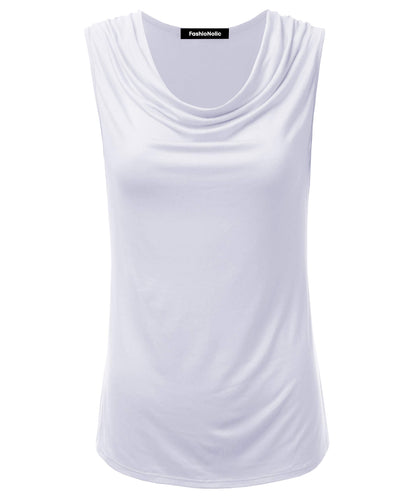 FASHIONOLIC Women's Cowl Neck Ruched Draped Sleeveless Stretchy Blouse Casual Tank Top (Made in USA)