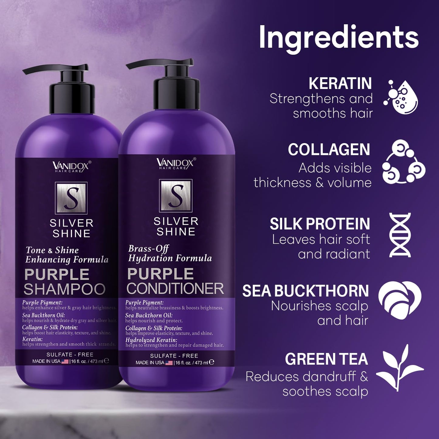 VANIDOX Sulfate Free Brass Toning Purple Shampoo and Conditioner Set for Grey and Silver Hair, Moisturizing & Color-Safe, Enhances Shine & Brightness, Made in USA (16 fl oz each)