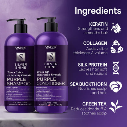 VANIDOX Sulfate Free Brass Toning Purple Shampoo and Conditioner Set for Grey and Silver Hair, Moisturizing & Color-Safe, Enhances Shine & Brightness, Made in USA (16 fl oz each)