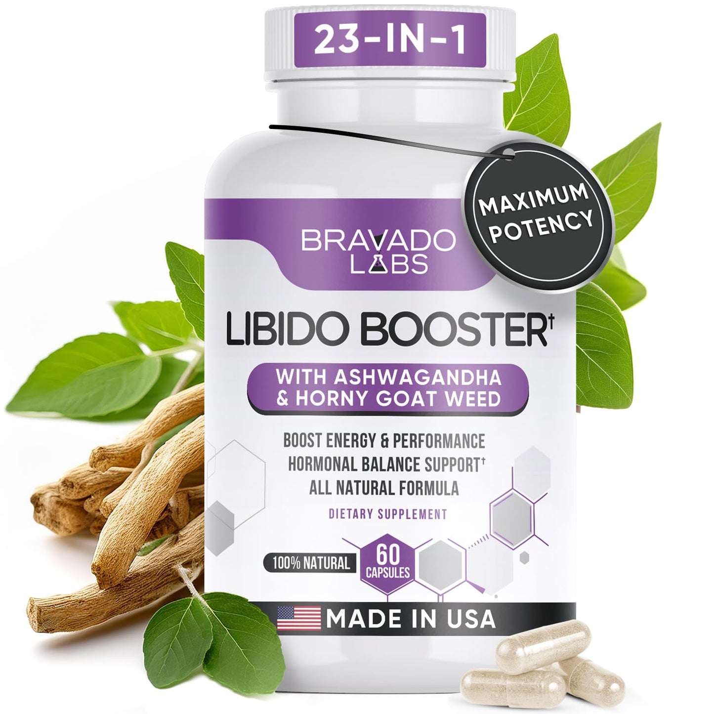 Bravado Labs Libido Enhancer Supplement - Female Libido Booster for Women - Drive, Energy, Mood, Intimacy and Performance Enhancement Pills - with Maca Root, Ashwagandha, Dong Quai - 60 ct