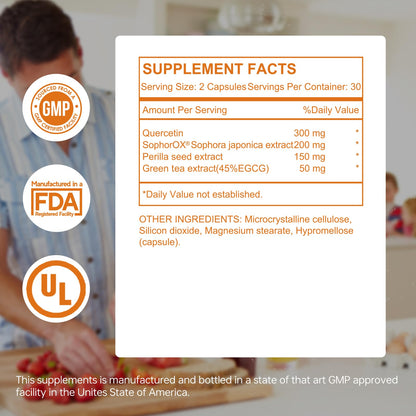 HUJ Lung Health Supplement - Contains Quercetin, Sophora Japonica Extract, Perilla Seed Extract & Green Tea Extract for Immune Support & Respiratory Support - 60 Capsules
