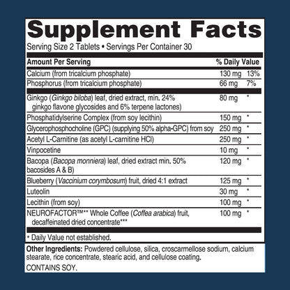 Advanced Bionutritionals Advanced Memory Formula, Brain Booster Supplement for Memory and Focus, Acetylcholine, Alpha-GPC, NeuroFactor, Manufactured in The USA, 60 Tablets