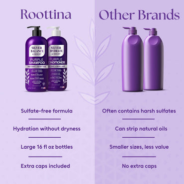 ROOTTINA Purple Shampoo and Conditioner Set for Grey Hair – Silver & White, Balance & Bright, Brass Neutralizing, High Hydration Without Drying Out, Sulfate-Free, Made in USA, 16 fl oz Each