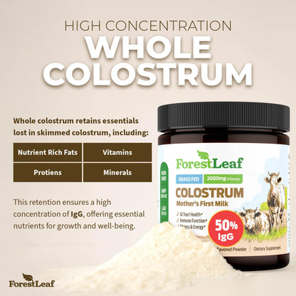ForestLeaf Colostrum Powder 50% IgG Highest Pure Concentration, Grass Fed Colostrum Supplement for Gut Health, Immune Support and Muscle Recovery, Bovine Colostrum for Humans, Unflavored, 45 Servings