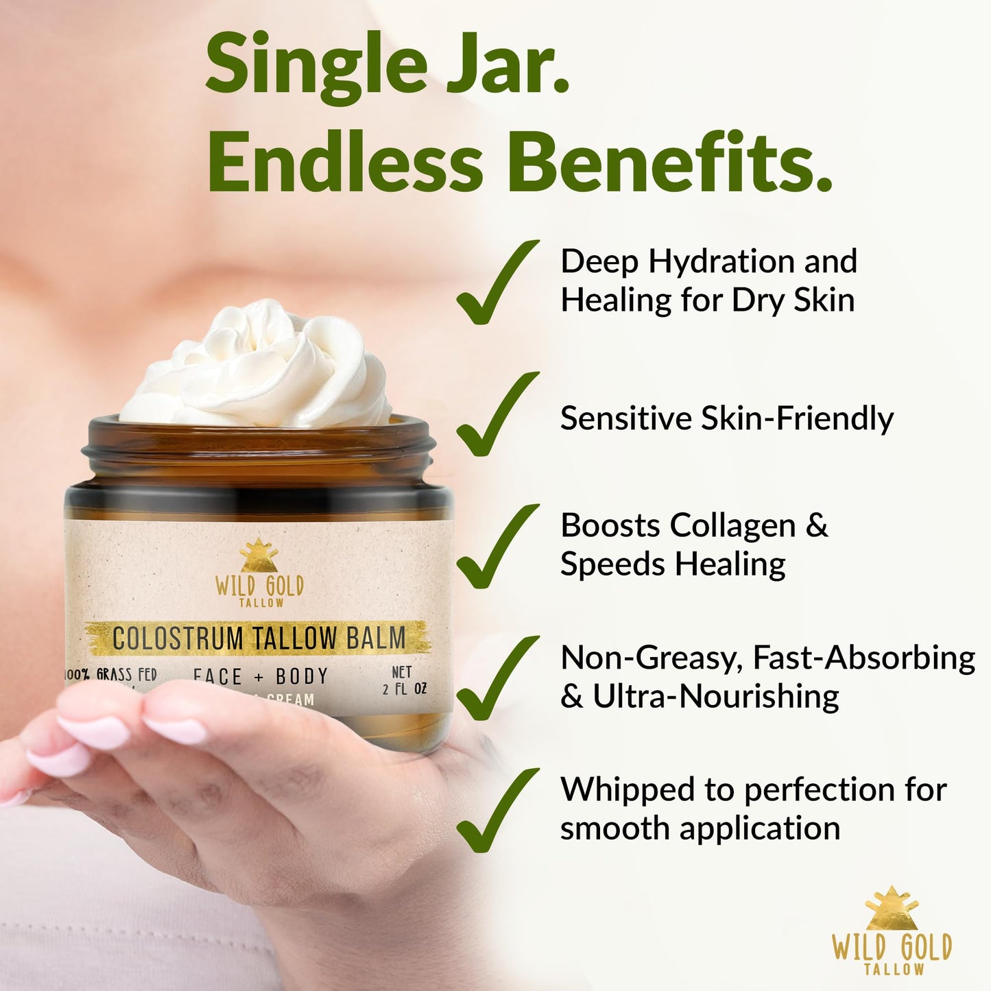 100% Grass Fed Tallow Balm with Colostrum & Emu Oil - Handmade Whipped Beef Tallow for Face and Body, Sensitive Skin Tallow Moisturizer made with True First Colostrum, (Vanilla + Ylang Ylang)