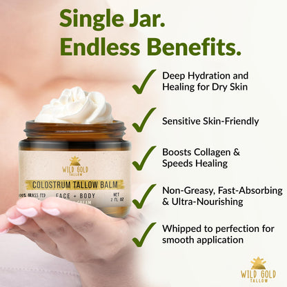 100% Grass Fed Tallow Balm with Colostrum & Emu Oil - Handmade Whipped Beef Tallow for Face and Body, Sensitive Skin Tallow Moisturizer made with True First Colostrum, (Vanilla + Ylang Ylang)