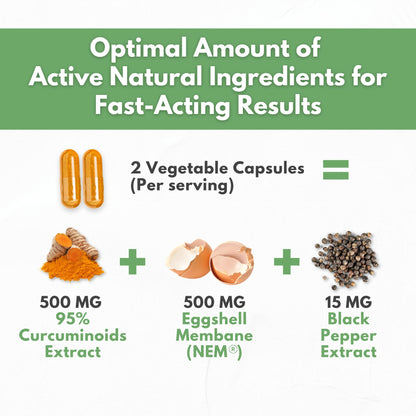 Turmeric Curcumin 95% Extract & Collagen Capsules - NEM Promotes Knee Comfort & Flexibility - Eggshell Membrane w Naturally Occurring Glucosamine Chondroitin Hyaluronic Acid- Made in USA