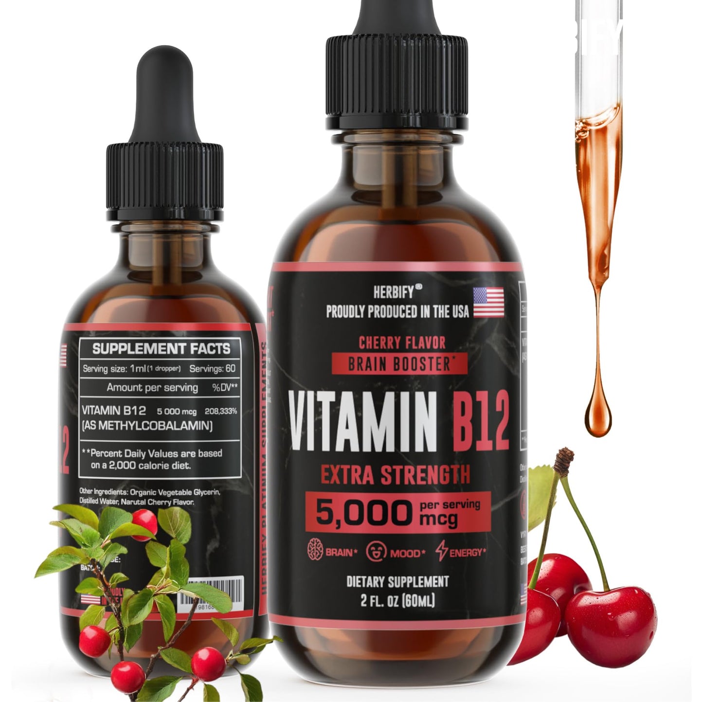 HERBIFY Vitamin B12 Methylated Multivitamin Energy Supplements for Women & Men - Liquid B12 Vitamins 5000 Mcg Methylcobalamin - Energy Support and Immune Health Liquid Vitamin 2 Oz