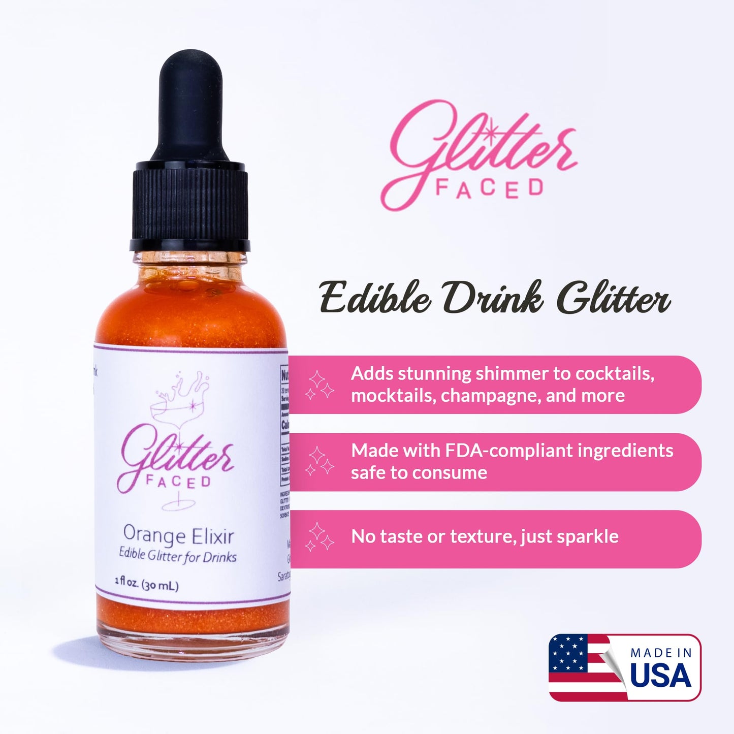 Glitter Faced Orange Edible Glitter For Drinks With 0-Calories, No Taste or Texture | 30ml Food-Grade, 30 Drinks, Luster Dust | Ideal for Beverages, Galentine’s, Parties & Events | Made in USA