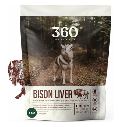 360 Pet Nutrition Freeze-Dried Raw Bison Liver Dog or Cat Treats/Bites, 1-Ingredient, High Protein, No Grain, Made in USA, All-Natural, 4 oz (Bison Liver), Healthy, Training Snacks, Premium Quality.