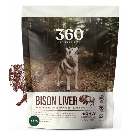 360 Pet Nutrition Freeze-Dried Raw Bison Liver Dog or Cat Treats/Bites, 1-Ingredient, High Protein, No Grain, Made in USA, All-Natural, 4 oz (Bison Liver), Healthy, Training Snacks, Premium Quality.
