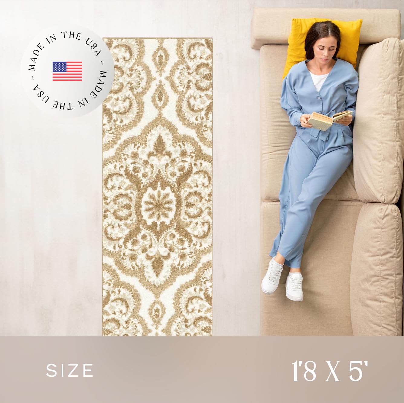 Maples Rugs Vivian Medallion Runner Rug - Made in USA - Washable, Non Slip, Indoor Carpet for Hallway, Kitchen, and Laundry Room, 1'8 x 5'', Beige