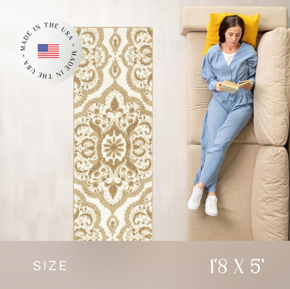 Maples Rugs Vivian Medallion Runner Rug - Made in USA - Washable, Non Slip, Indoor Carpet for Hallway, Kitchen, and Laundry Room, 1'8 x 5'', Beige