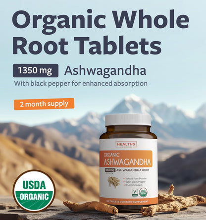 USDA Organic Ashwagandha Supplement - High Potency Ashwagandha Pills Made With Organic Black Pepper for Enhanced Absorption - Vegan Non-GMO Made in the USA & Lab Verified (2 Months Supply)