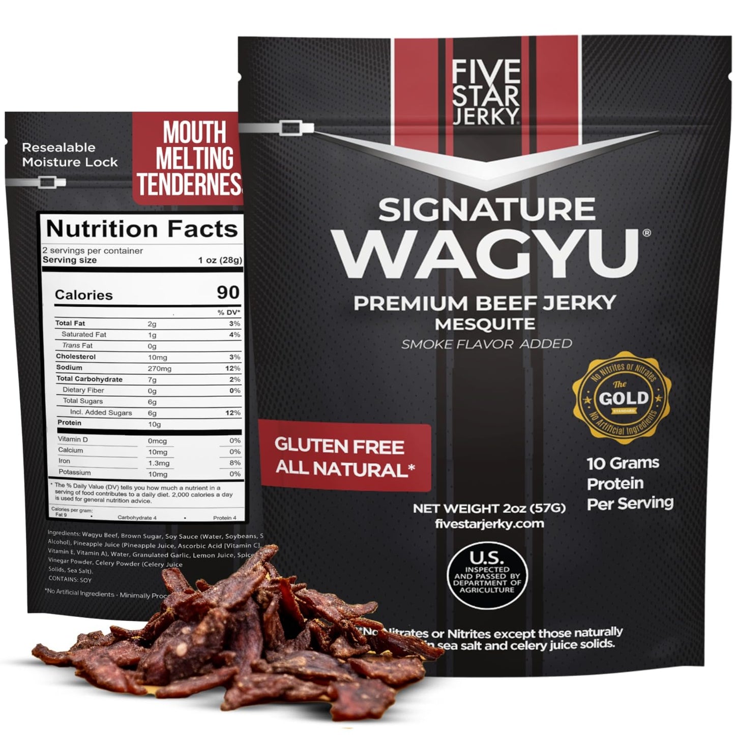 Five Star Wagyu Mesquite Beef Jerky, Soft & Mouth Melting Tender Jerky, Award-Winning Premium Beef Jerky, No Artificial Ingredients, Premium Gift Snack, Nitrate/Nitrite-Free, Gluten-Free, Wagyu Beef Snacks (2 Pack of 2oz-Total 4oz) Gourmet Beef Jerky