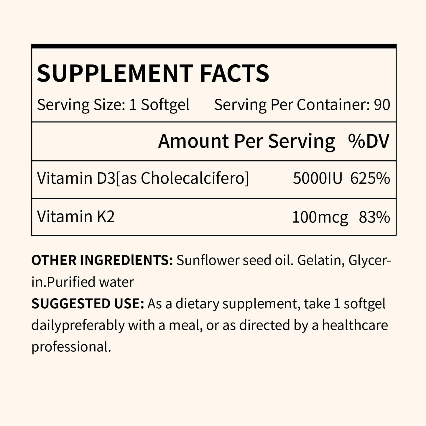MISS PEP Vitamin D3 K2,5000 Iu D3 and 100 Mcg K2 (Mk-7),with Sunflower Oil Softgels,90 Softgels,2-in-1 Formula,Easy to Absorb and Swallow,Supports Immune Support (1 Bottle)