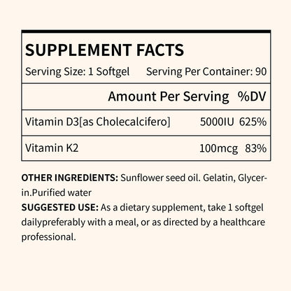 MISS PEP Vitamin D3 K2,5000 Iu D3 and 100 Mcg K2 (Mk-7),with Sunflower Oil Softgels,90 Softgels,2-in-1 Formula,Easy to Absorb and Swallow,Supports Immune Support (1 Bottle)