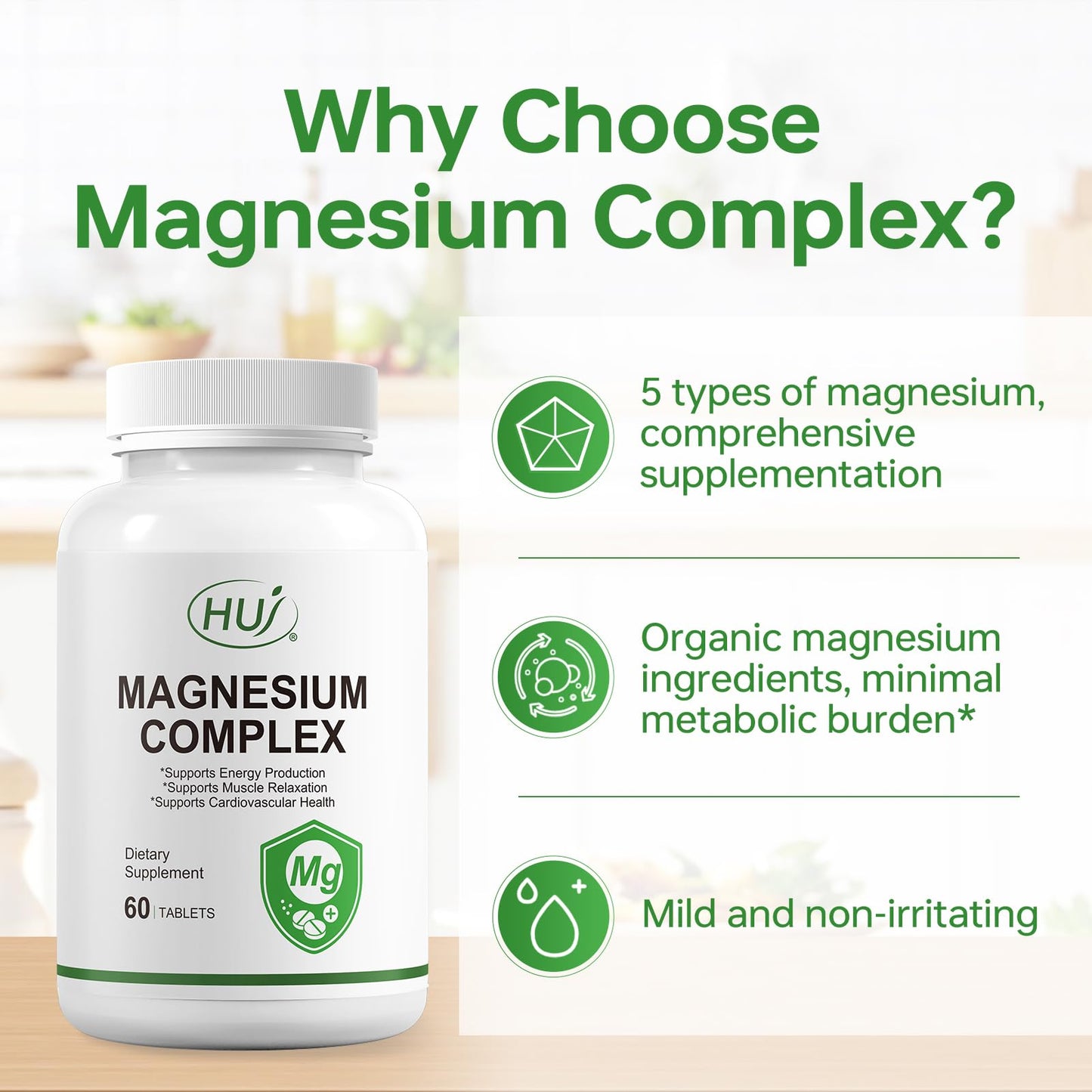 HUJ Magnesium Complex Supplement - Five Types of Magnesium - Supports Energy Production, Muscle Relaxation & Cardiovascular Health* - 60 Tablets.
