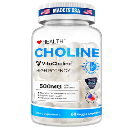I LOVE HEALTH Award Winner - Liquid Choline Supplement - 500mg – Pregnancy & Baby Brain Support - Liver LDL & HDL Level Support– 60 Caps – Made in USA