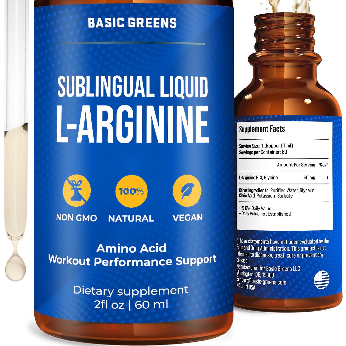 BASIC GREENS L-Arginine Liquid Nitric Oxide Supplement for Men and Women – Non-GMO Vegan for Circulation, Endurance, Energy, Stamina, Performance and Workout – 2 fl oz
