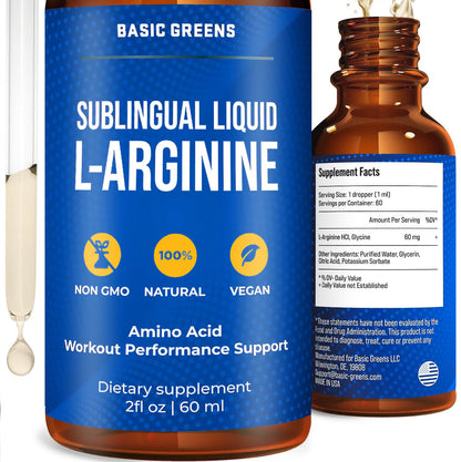 BASIC GREENS L-Arginine Liquid Nitric Oxide Supplement for Men and Women – Non-GMO Vegan for Circulation, Endurance, Energy, Stamina, Performance and Workout – 2 fl oz