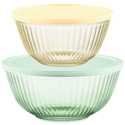 Pyrex Colors (2-Pack) Sculpted Tinted Small/Medium Glass Mixing Bowls With Lids, Nesting Space Saving Set of Bowls For Prepping and Baking, 1.3QT & 2.3QT