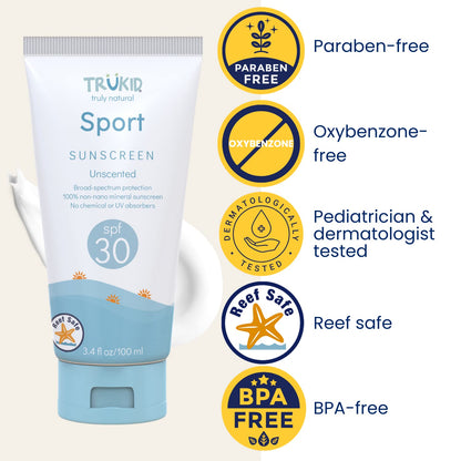 TruKid Sport Mineral Sunscreen SPF 30 - All Natural Kids & Baby Sunscreen for Face & Body, Non-Toxic Zinc Oxide Sunblock Protection for Sensitive Skin, Unscented, FSA Eligible, Travel Size 3.4oz
