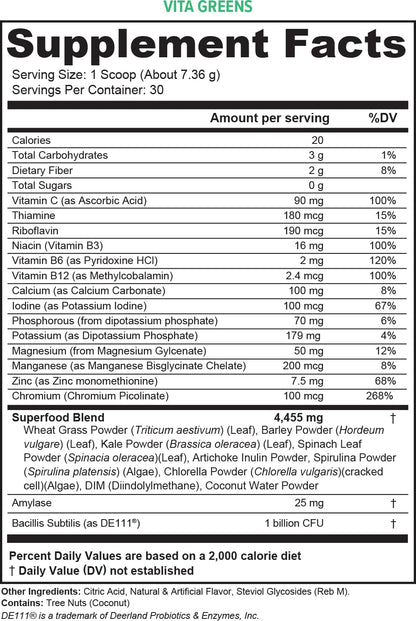 Vita Greens Superfood Powder: Immune and Digestion Support | Enhanced Energy | Daily Multivitamin Blend