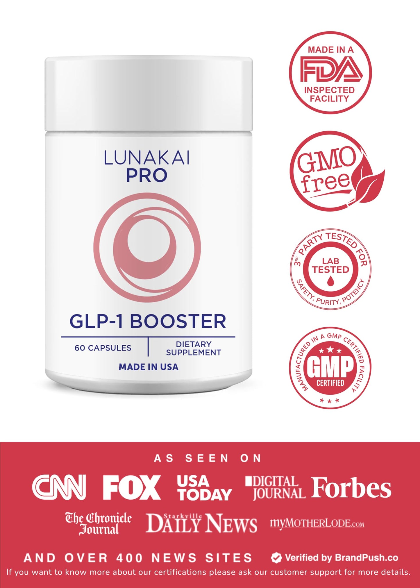 Lunakai PRO USA Made GLP-1 Supplement - Natural GLP 1 Booster with Probiotics & Resveratrol – Supports Weight Management, Cravings & Metabolism, 60ct