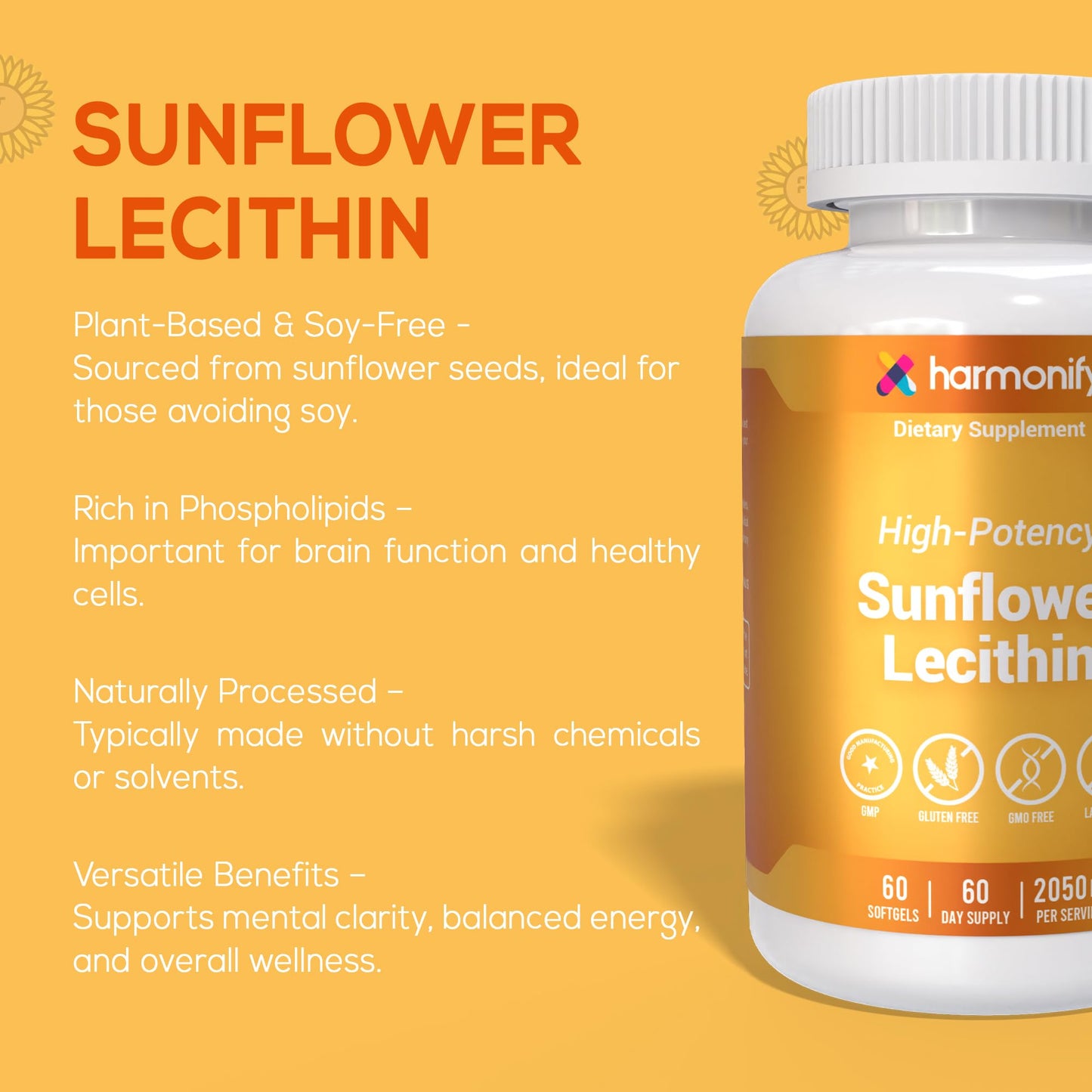 HARMONIFY Sunflower Lecithin Wellness Supplement, 2050 mg High-Potency, Non-GMO & Gluten-Free, 60 Softgels, Proudly USA Company