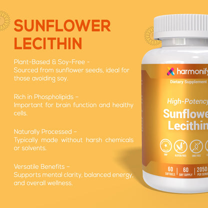 HARMONIFY Sunflower Lecithin Wellness Supplement, 2050 mg High-Potency, Non-GMO & Gluten-Free, 60 Softgels, Proudly USA Company
