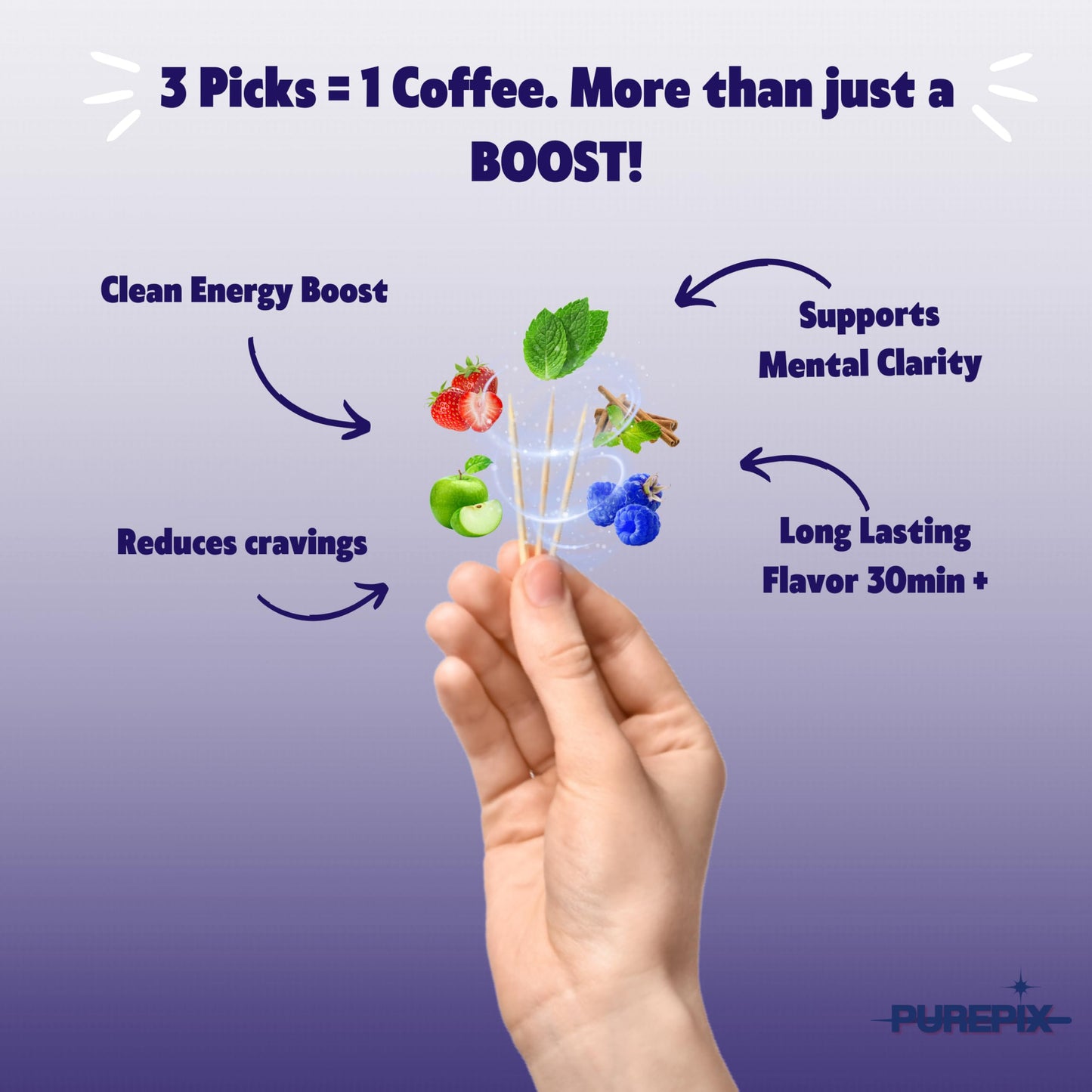 Caffeinated Flavored Toothpicks for Energy & Focus | Sugar-Free Energy Toothpicks with Vitamin B12 & L-Theanine | Kosher, Vegan, 20 Coun (BlueRazz Ice 3 Pack)