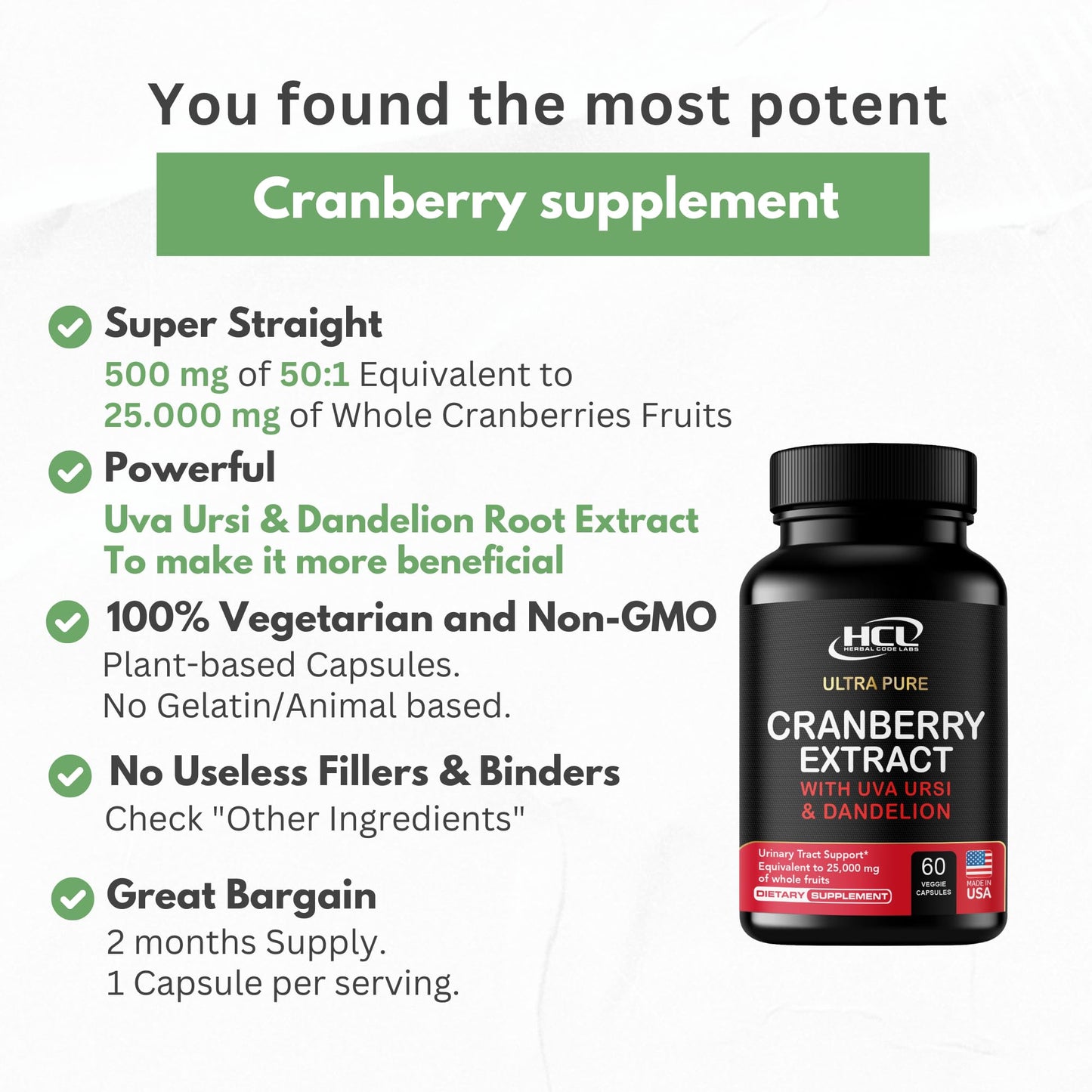 Cranberry Extract Pills - Super Strength 50:1 Whole Fruit Concentrate Equals to 25,000mg of Fresh Cranberries Plus Dandelion & Uva Ursi - Natural UTI Support - Kidney Cleanse & Urinary Tract Health