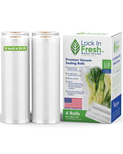 Lock In Fresh Vacuum Sealer Bags for Food - Heavy Duty Food Saver Vacuum Sealer Bag Rolls - Sous Vide, Seal a Meal Bags, 4-pack, 8" x 20' - Made in the USA