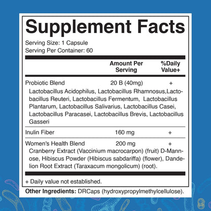 Vitamatic Vaginal Probiotics 20 Billions for Women pH Balance & Odor Control with Prebiotics & Probiotics 60 DR Capsules - Made with Cranberry, D-Mannose, Hibisucs & Dandelion