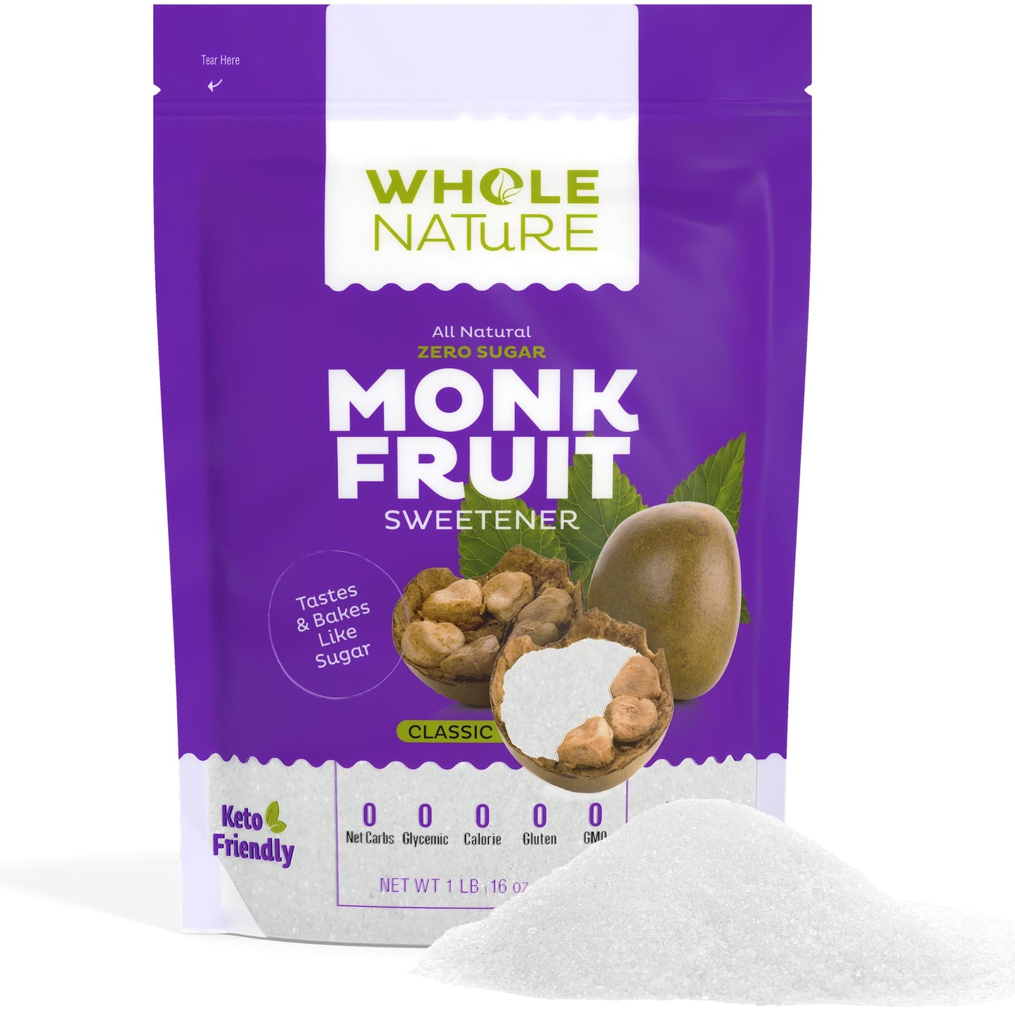 Whole Nature Monk Fruit Sugar Sweetener 1:1 Baking Sugar Substitute Made in the USA – Granulated Blend With Erythritol – Zero Calorie – Keto – Paleo – Non-GMO – Kosher - Natural Alternative – 1lb Pouch